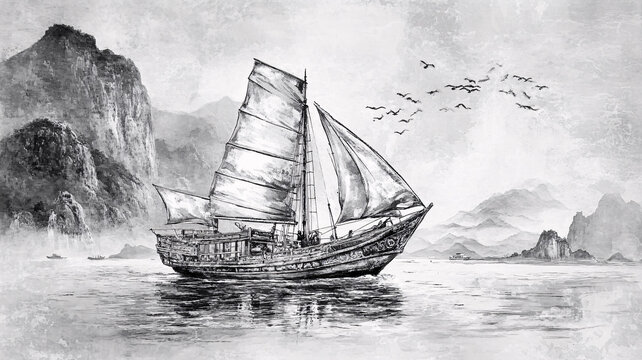 工笔水墨船