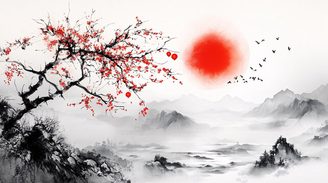 红日水墨山水