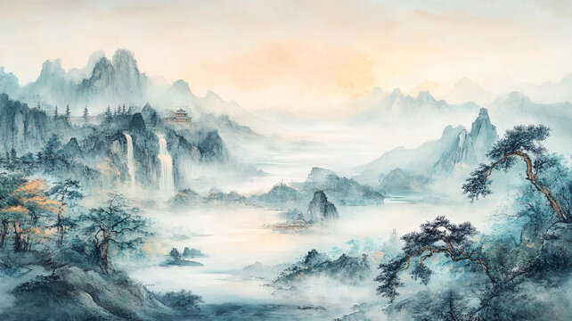 迎客松意境山水画