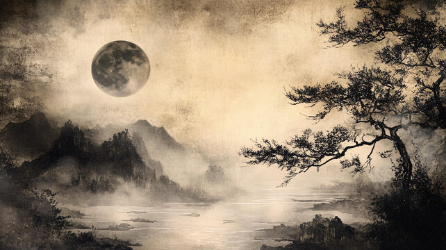 月夜水墨画