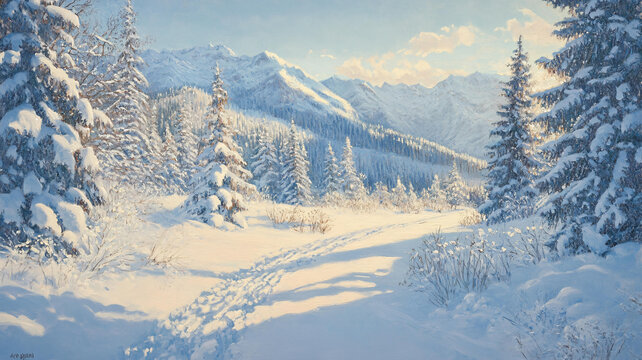 冬季雪景风景油画