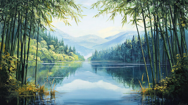 竹林河流山水