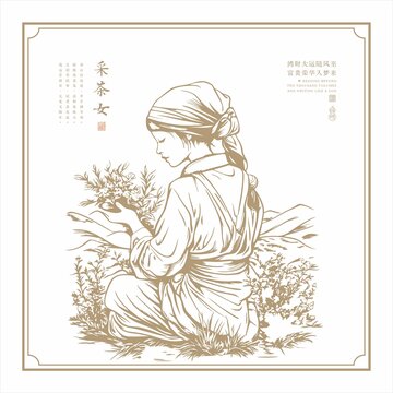 采茶女线描图采茶姑娘矢量图