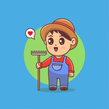 持农具的卡通农民男孩