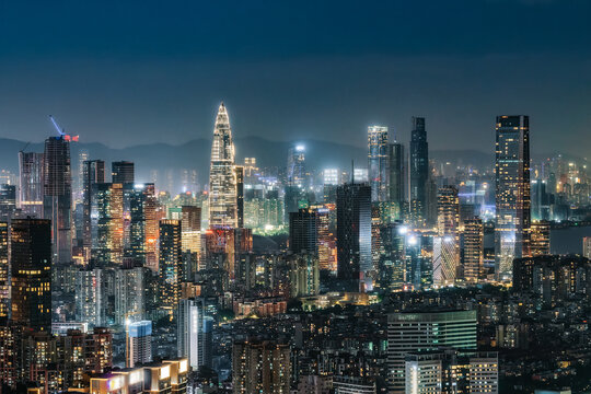 航拍深圳后海CBD城市夜景