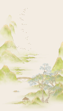 手绘新中式山水图