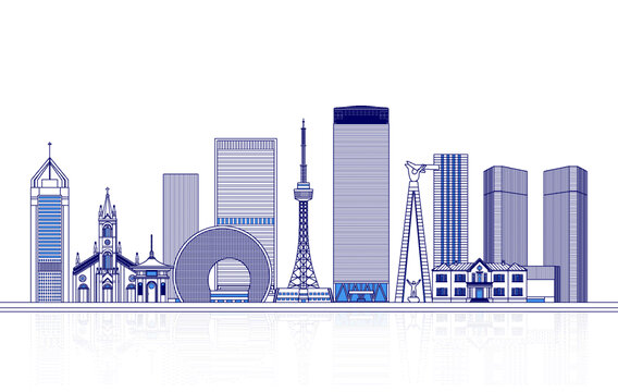 中国城市长春天际线矢量地标建筑插画