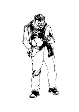 人物手绘伸头看手机的男人钢笔画矢量图