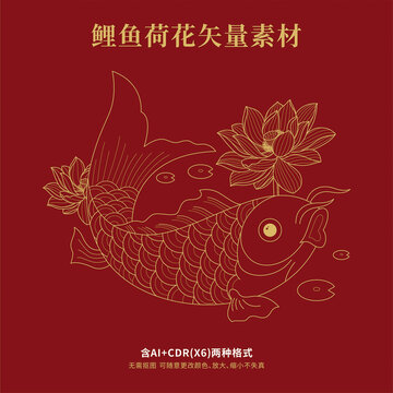 线描鲤鱼戏荷花