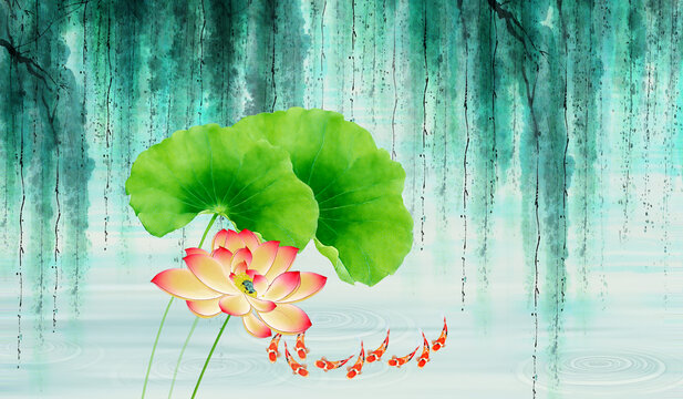 创意荷花九鱼图
