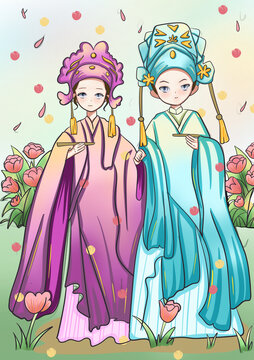 梁山伯祝英台梁祝手绘卡通插画十八相送