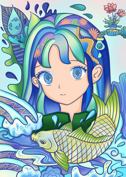 环保地球节约用水绿色海洋女孩