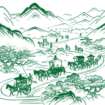 茶马古道底纹手绘线稿茶叶包装设计矢量图