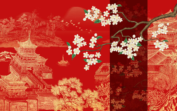 梅花楼阁山水刺绣背景墙