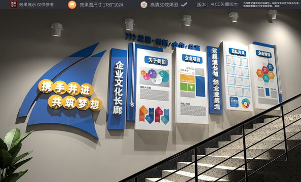 蓝色企业楼梯文化墙