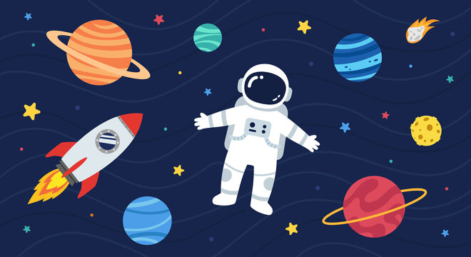卡通外太空火箭手绘宇航员星球儿童房背景墙