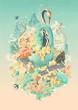 春天仙鹤清明春分包装国潮插画