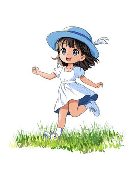 春天夏天在草地上踏青奔跑的白裙子女孩