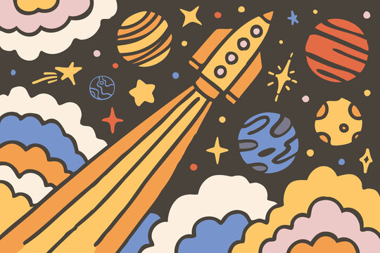 手绘太空火箭卡通宇宙星球星空儿童房背景墙