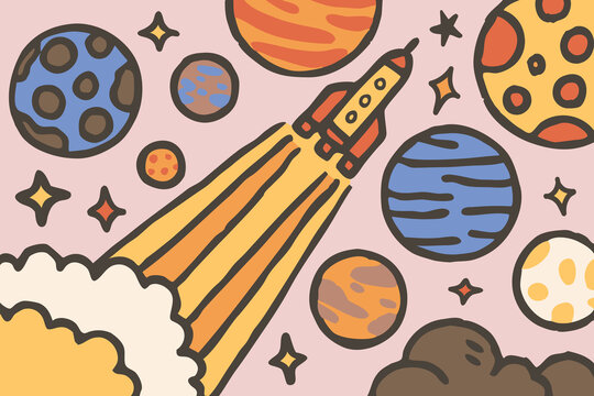 卡通外太空宇宙星球手绘火箭星空儿童背景墙