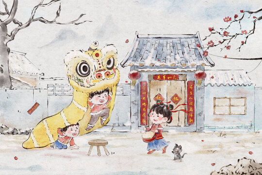 手绘水墨风过年时节舞狮打鼓传统文化插画