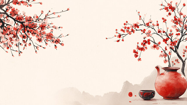 工笔红墙梅花