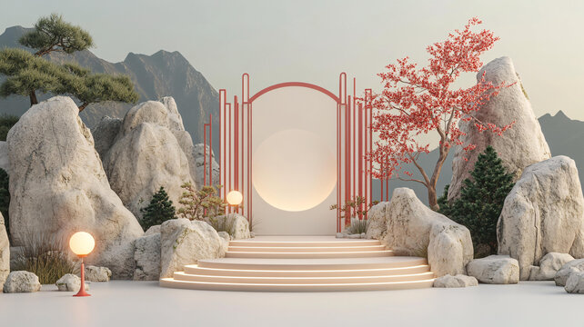 中式粉色弯月迎宾区
