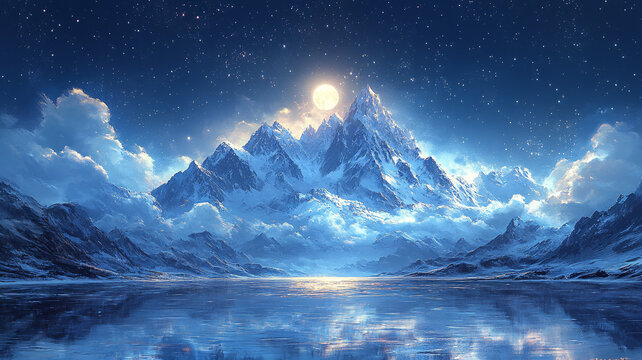 雪山星空湖水倒影