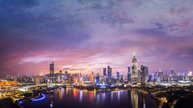 航拍深圳后海CBD城市天际线夜景