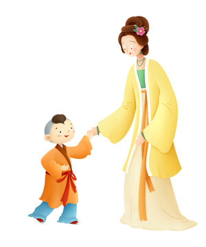古代牵着孩子的妇女