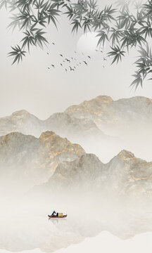 竖幅水墨竹子山水背景