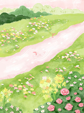 春日风景水彩插画
