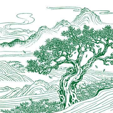 荒野古茶树手绘山峦山峰溪流底纹中国风矢量