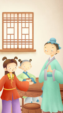 古代在桌子旁的孩子