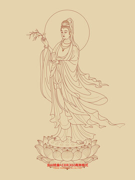 手绘线描观音立像