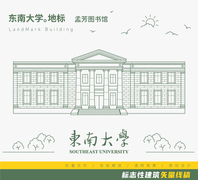 东南大学孟芳图书馆矢量线稿