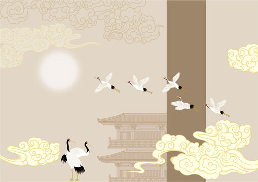 中式祥云仙鹤壁纸背景墙
