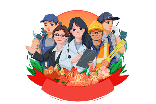 卡通扁平插画五一劳动节职业组合劳动者群像