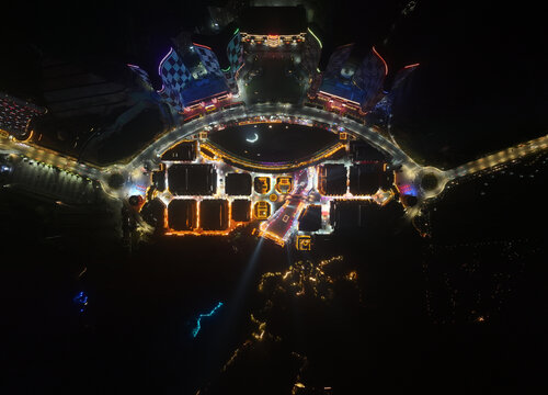 俯拍太湖古镇夜景