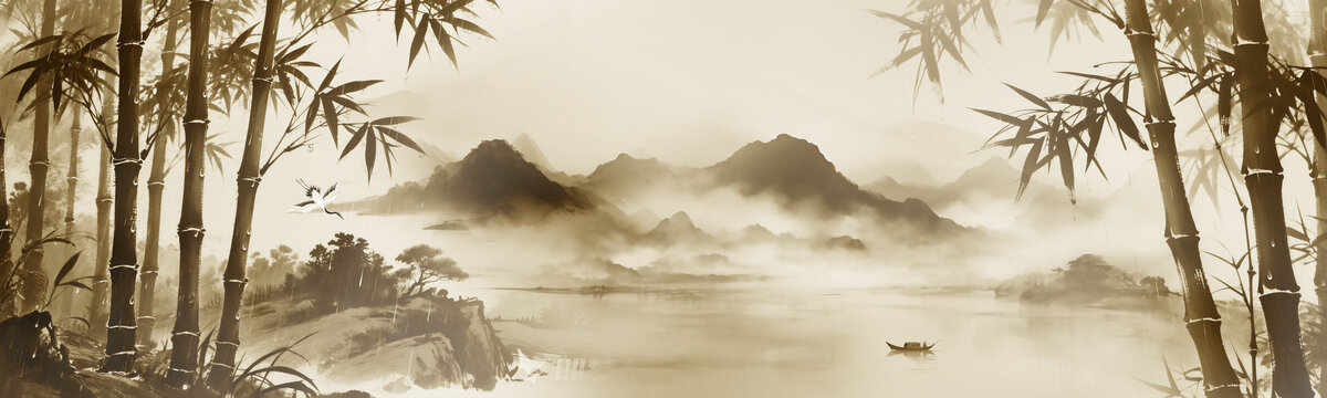 新中式竹子画山水画