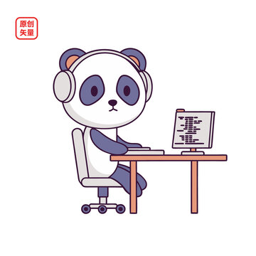 矢量插图动物戴耳机工作熊猫