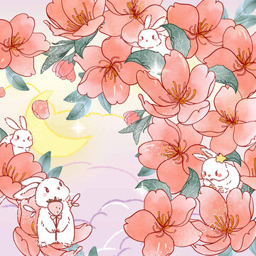 繁花摇曳可爱小兔