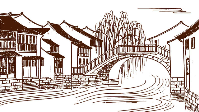 江南水乡古建筑手绘轮廓线稿小桥流水矢量图