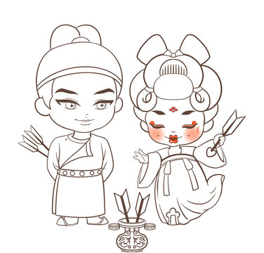 唐朝小情侣投壶娱乐活动Q版手绘插画