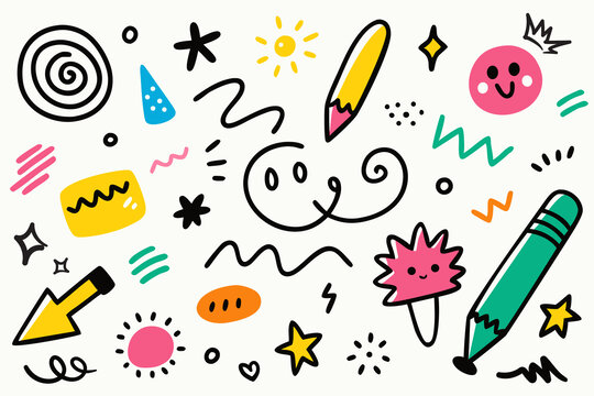 可爱幼稚素描元素集涂鸦简单多彩卡通绘画