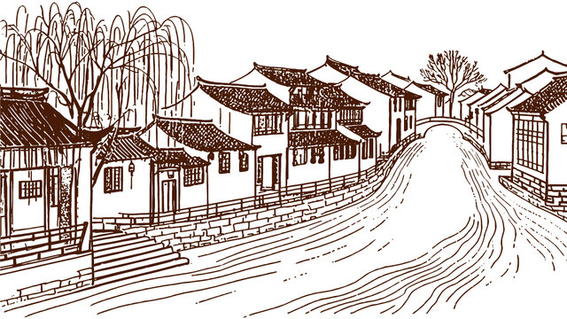 江南水乡古民居手绘轮廓线稿小桥流水矢量图