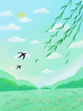 春天燕子飞来扁平插画