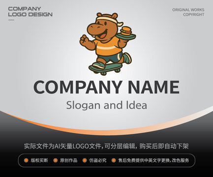 滑板河马LOGO轻食外卖餐饮形象