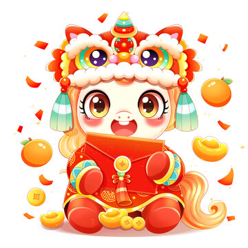 新年春节抱红包的小马插画