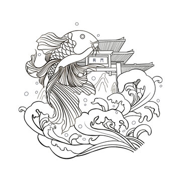 鲤鱼跃龙门线稿